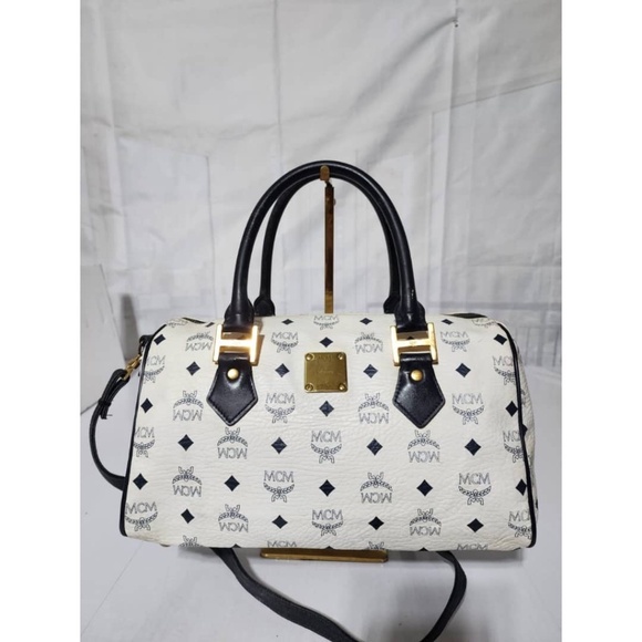 Authentic MCM Vintage Visetos Leather Boston Bag Black/White